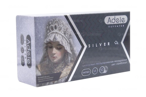Перчатки Adele нитриловые Серебро, р. М, 50 пар в блоке (Адель)
